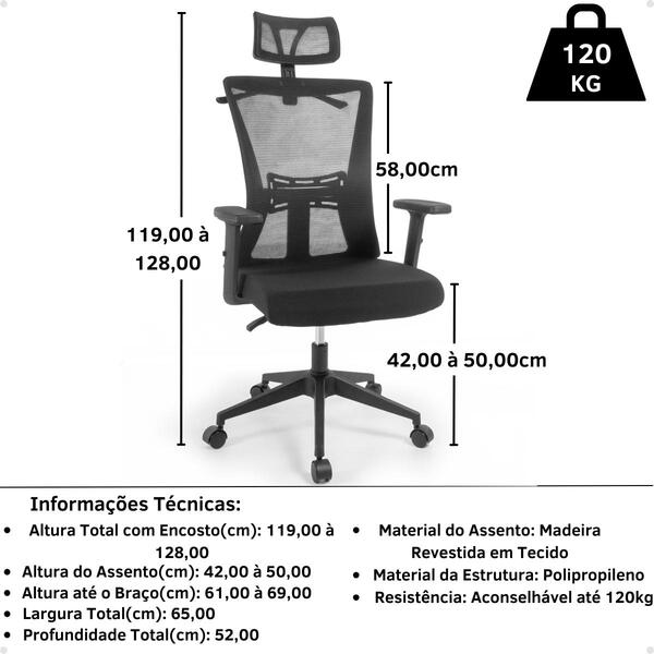 Cadeira De Escritório Ergonômica Imperial Com Apoio De Cabeça E Relax - Preto - Biblos Moveis