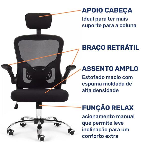 Cadeira De Escritório Moob Barcelona Giratória Ergonômica Com Sistema Relax Preta - Biblos Moveis