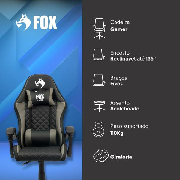 Cadeira Gamer Fox Racer Vulpes Cinza Wz-318 - Biblos Moveis