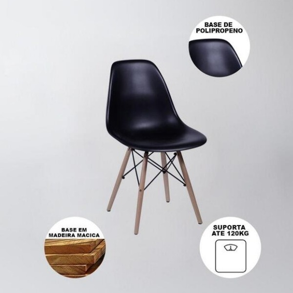 Mesa Redonda 90cm Com 4 Cadeiras Eames Eiffel Pés De Madeira Preta - Biblos Moveis