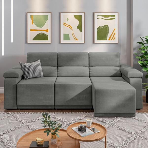 Sofá Retrátil Desmontável Suede 2,10m 3 Lugares Fox Cinza - Biblos Moveis