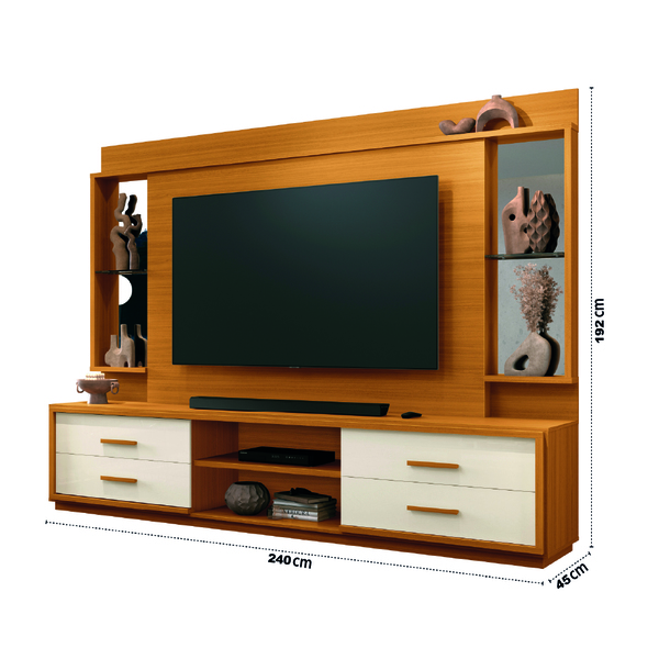Estante Home Theater Com Espelho E Vidro Para Tv Até 75 Polegadas 2,40m Leni Edn - Biblos Moveis