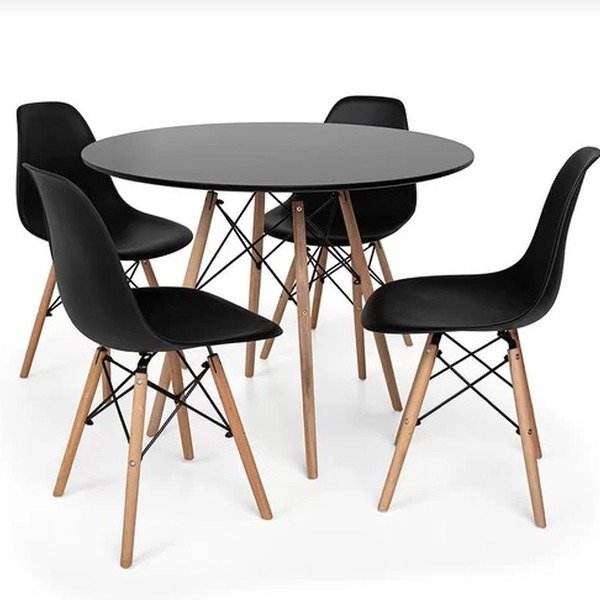 Mesa Redonda 90cm Com 4 Cadeiras Eames Eiffel Pés De Madeira Preta - Biblos Moveis